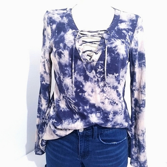 Rock and Republic,  acid print top, lace up - Picture 1 of 10